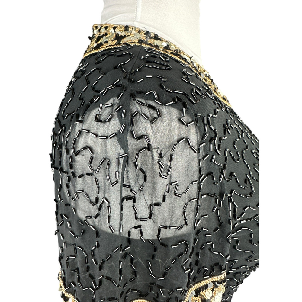 *Flawed A.J. Bari Black Silk Beaded Cocktail Dress Short Sleeve Sequins Size 10 - Picture 7 of 16